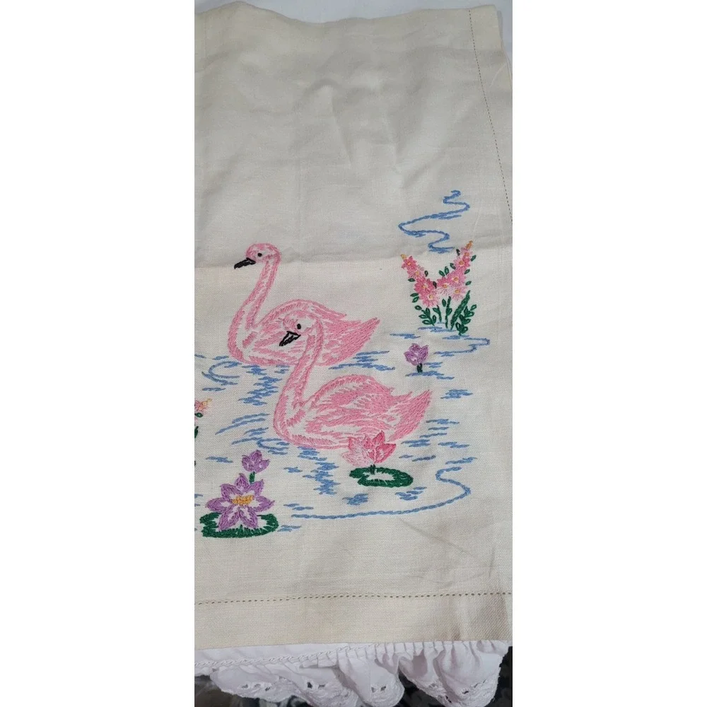 Vintage Embroidered Table Runner with Flamingos and Floral Design